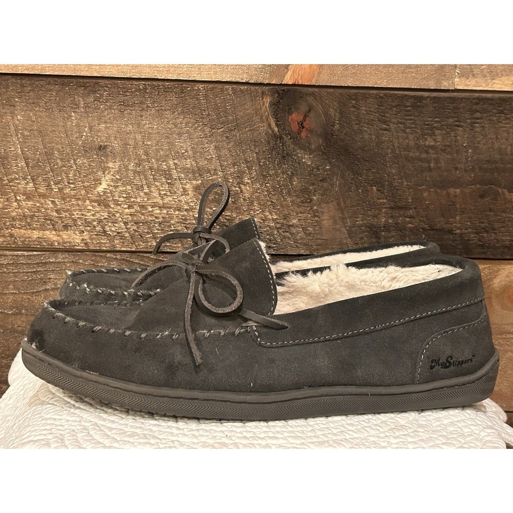 My Slippers Mens Moccasin 11 Gray Leather Sherpa Faux Fur Loafer Cozy Cabin‎
